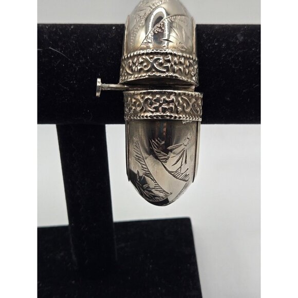 Vintage Chunky Tribal Engraved Silver Hinged Agate Cuff Bracelet Rare Incredible - Picture 9 of 12